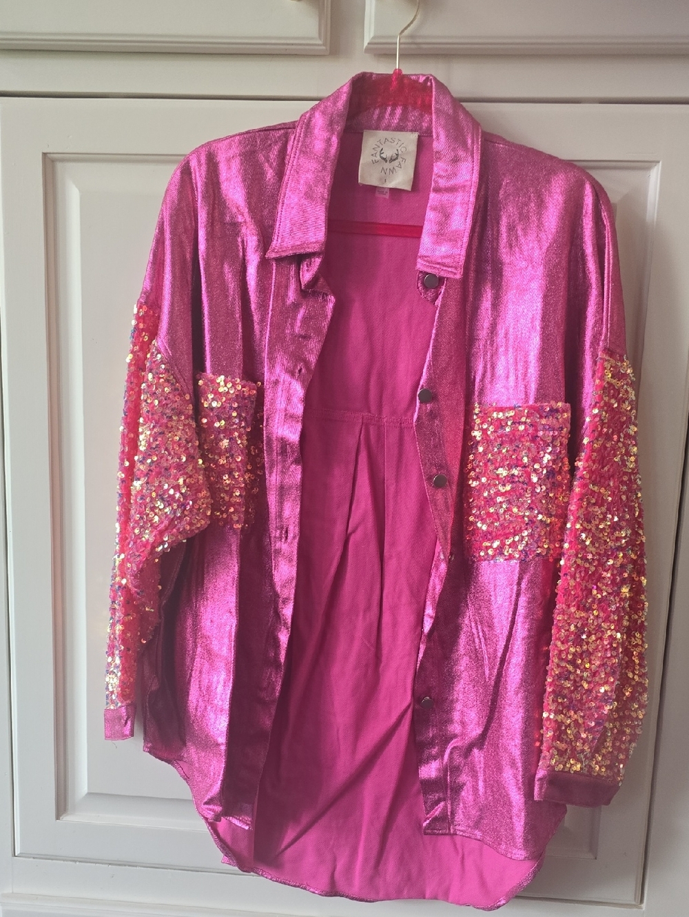 Fantastic Fawn Metallic Hot Pink Sequin Sleeve Jean Shacket